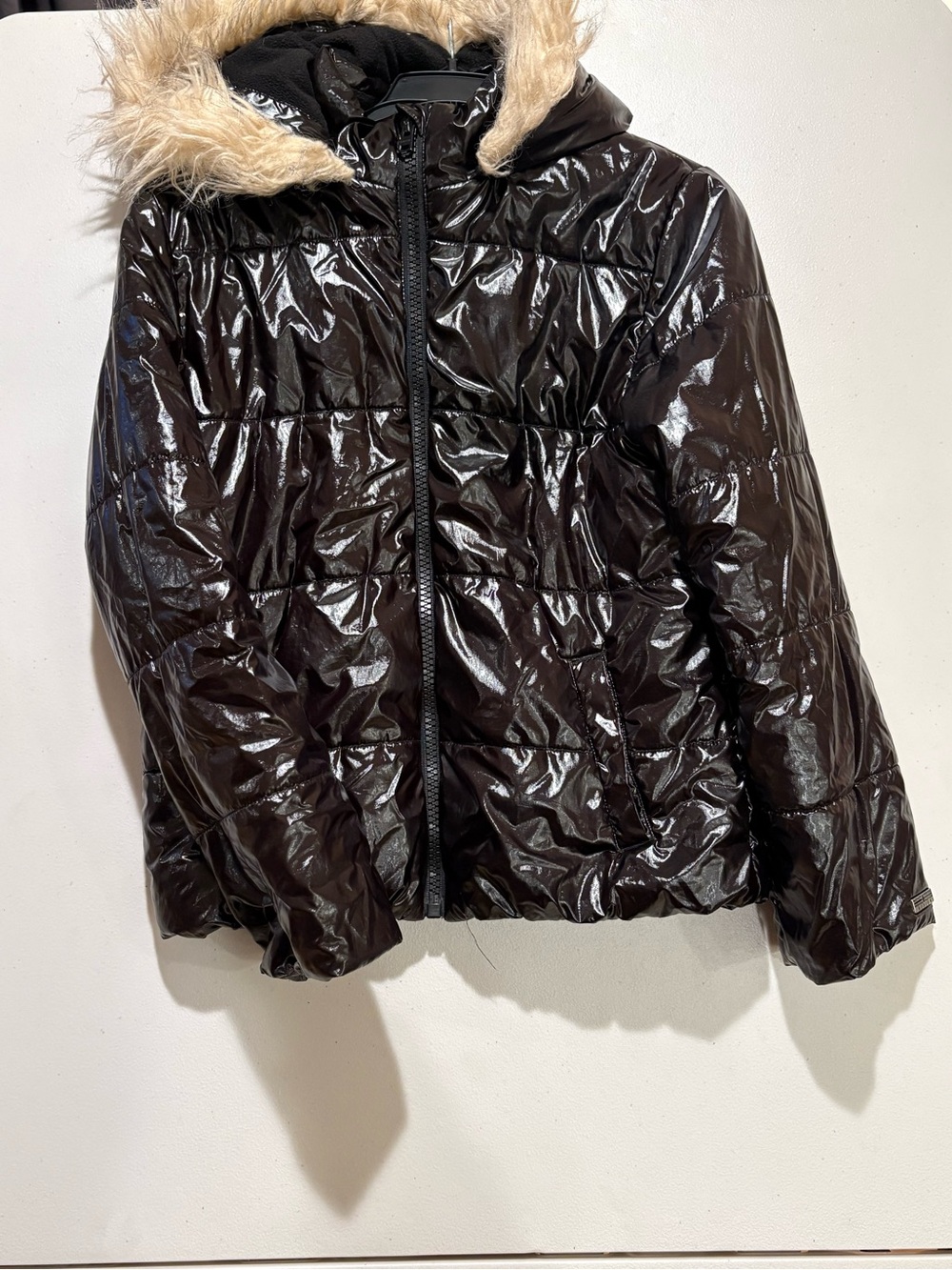 Hudson Girls High Gloss Puffer Jacket with Faux Fur Hood Black Large